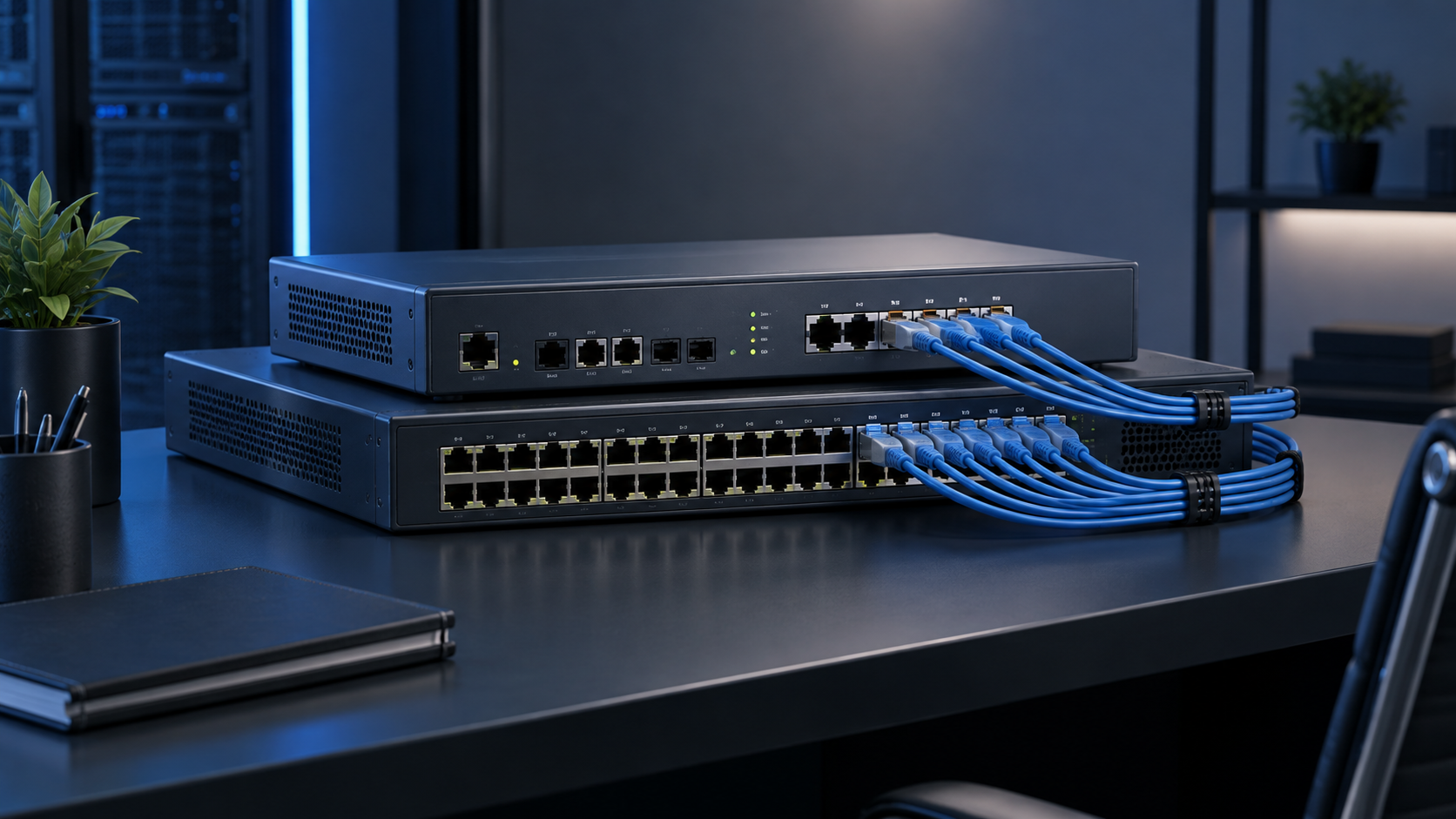Ethernet switches with connected network cables