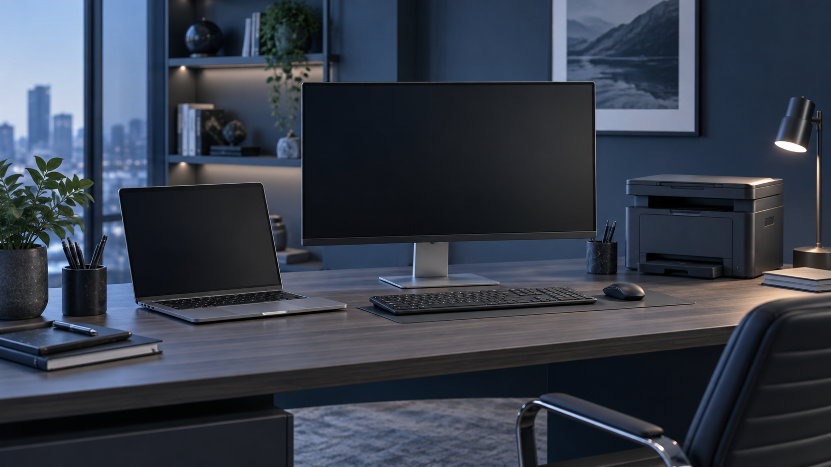 Modern desktop computer, laptop and printer